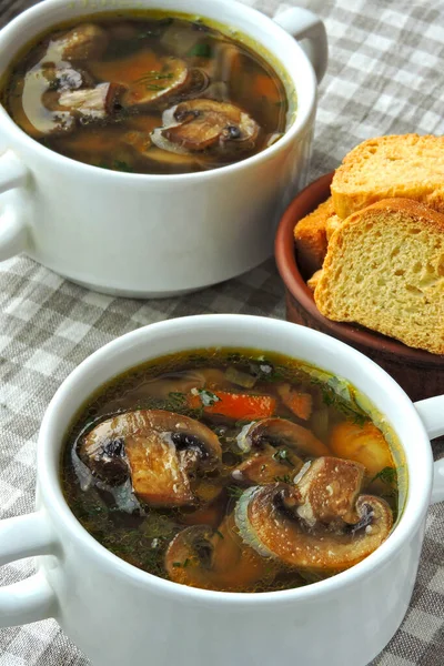 Fresh Homemade Mushroom Soup Wheat Croutons — Stock Photo, Image
