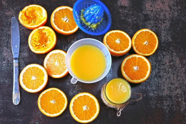 Frisch Gepresster Orangensaft Hausgemachte Orange Frisch Saftige Orangen Keto Drinks — Stockfoto