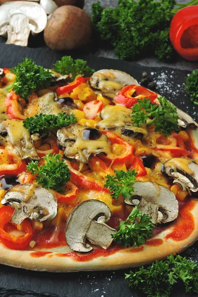 Healthy vegetarian pizza with mushrooms and vegetables. Keto diet. Keto pizza.