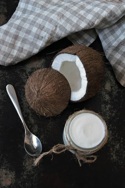 Coconut yogurt and coconut. Vegan yogurt. Keto diet.