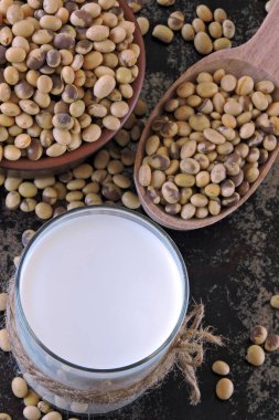 Keto içiyor. Soya sütü ve soya fasulyesi. Keto diyeti. Vejetaryen sütü. Sebze sütü konsepti.