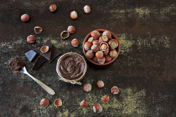 Pasta Nueces Chocolate Avellanas Chocolate Negro Ingredientes Concepto Pasta Nuez — Foto de Stock