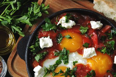 Sebzeli yumurta ve peynir. Keto öğle yemeği fikri. Keto diyeti. İsrail yumurtaları.