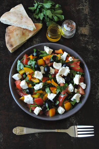 Nahöstliche Küche Gemüsesalat Mit Feta Und Petersilie Heller Nahrhafter Salat — Stockfoto