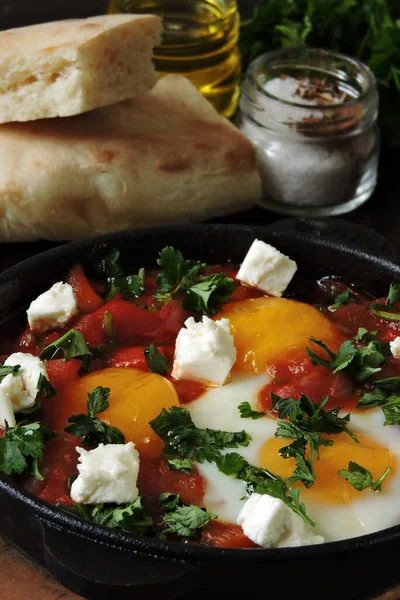 Huevos Fritos Con Verduras Queso Feta Una Idea Para Almuerzo — Foto de Stock