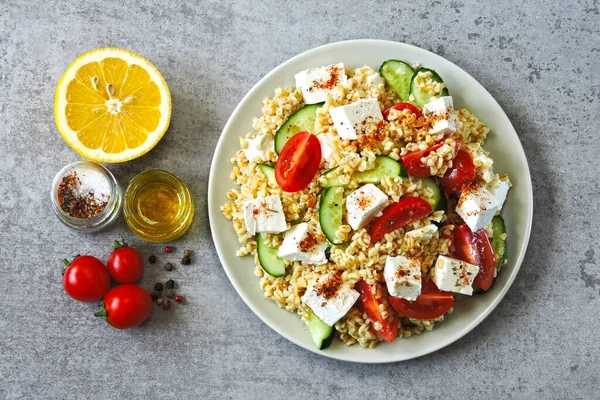 Nahöstliche Küche Vegetarischer Salat Mit Bulgur Gemüse Und Schafskäse Frischer — Stockfoto