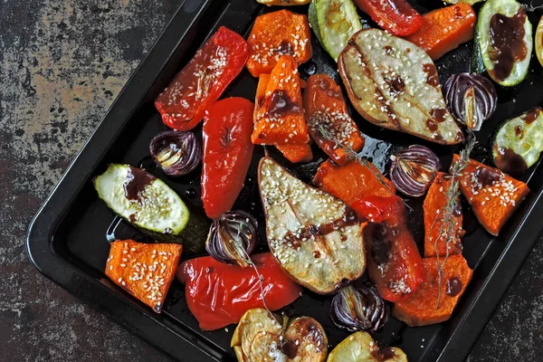 Baked Pumpkin Zucchini Paprika Pear Apple Blue Onion Herbs Spices — Stock Photo, Image