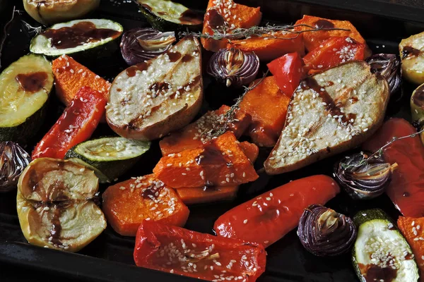 Baked Pumpkin Zucchini Paprika Pear Apple Blue Onion Herbs Spices — Stock Photo, Image