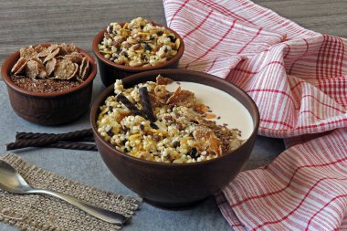 Müsli, tohum ve çikolata dolu sağlıklı bir kahvaltı kasesi. Şekil ve güzellik için örnek kahvaltı..