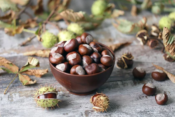 Kastanjes Een Kom Kastanjebladeren Herfstcompositie Met Kastanjes — Stockfoto