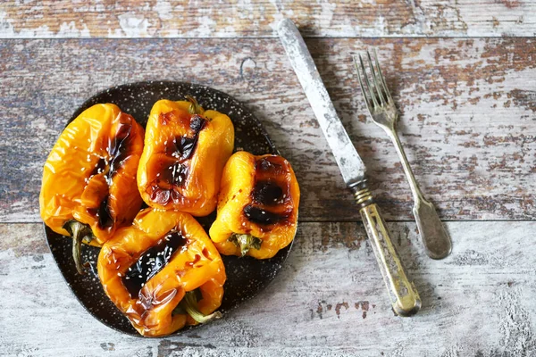 Grilled yellow pepper. Vegan lunch. Selective focus. Macro.