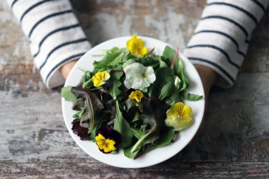 İnce bir kızın ellerinde bir tabak salata. Çiçek salatası yiyen güzel bir kız. Diyet konsepti. Sağlıklı gıda konsepti.