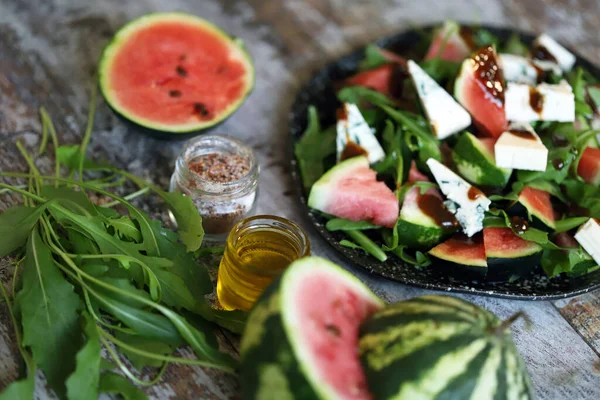 Healthy Salad Arugula Blue Cheese Mini Watermelon Autumn Watermelon Salad — Stock Photo, Image