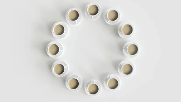 12 šálků kávy uspořádané v kruhu- 3D vykreslování — Stock fotografie