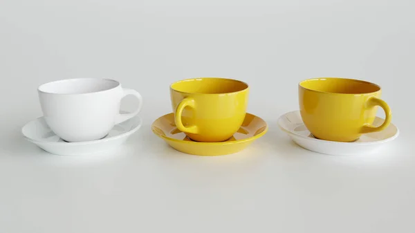 Trois tasses colorées côte à côte - rendu 3D — Photo