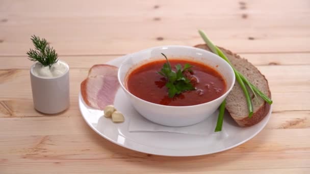 Close up of classic borsch, national Ukrainian dish, delicious homemade food — Stock Footage Close Classic Borsch National Ukrainian Dish Delicious Homemade Food Royalty Free Stock Video