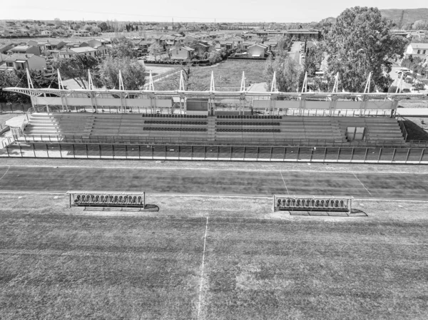 Vista Aérea Del Estadio Con Cancha Fútbol Foto Gris — Foto de Stock