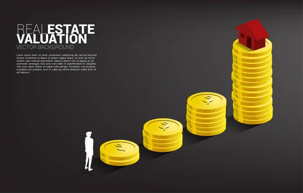 3d Home icoon op de top van de groei grafiek met stapel van munt. Begrip vastgoedbelegging en groei van vastgoed. — Stockvector
