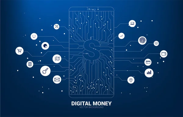 Векторные деньги доллар значок на экране мобильного телефона от точки подключения линии стиль платы. Концепция цифровых денег и финтеха . — стоковый вектор