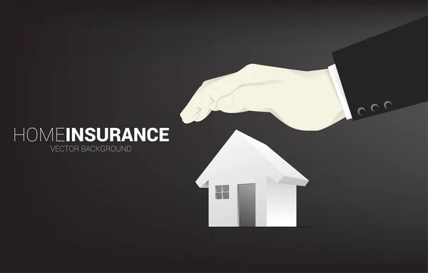 3D-pictogram thuis met zakenman hand cover van de top. Begrip "thuisverzekering" en "huisbescherming". — Stockvector