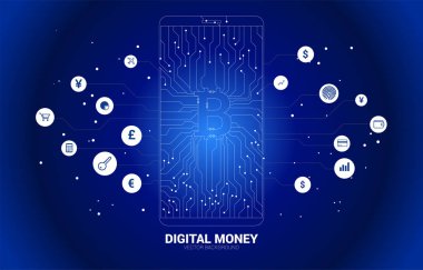 Cep telefonu ekranında nokta bağlantı hattı devre biçiminden vektör para bitcoin simgesi. Dijital para ve kripto para birimi kavramı.