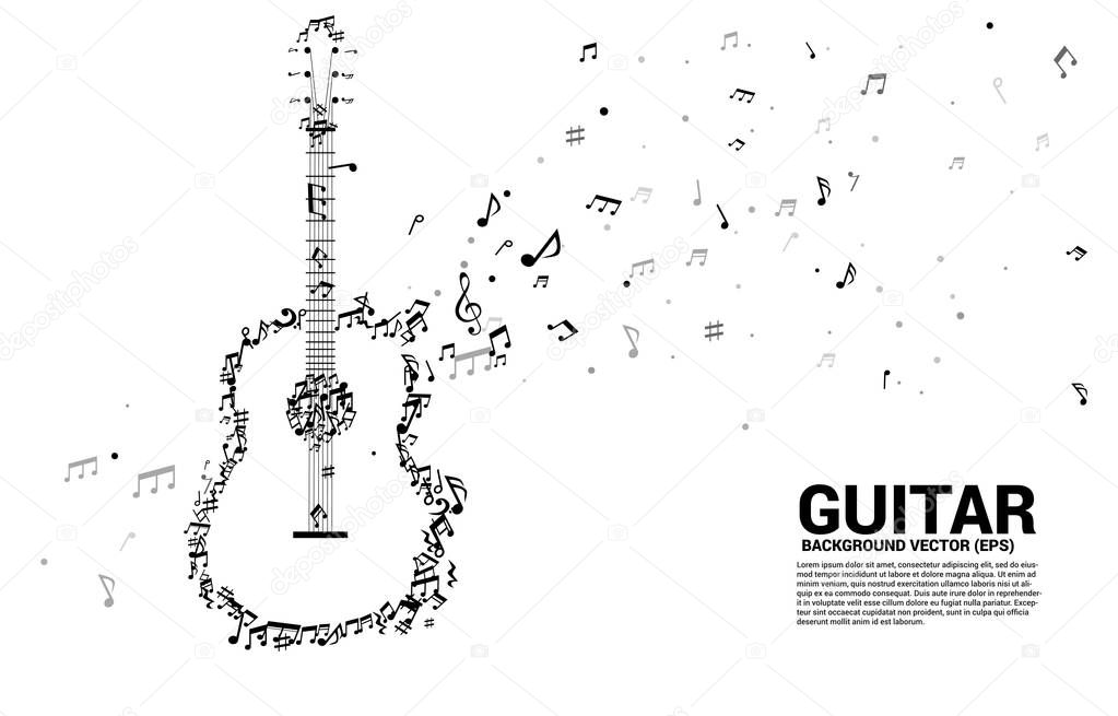 Vector music melody note dancing flow shape guitar icon . Concept background for song and guitar concert theme.