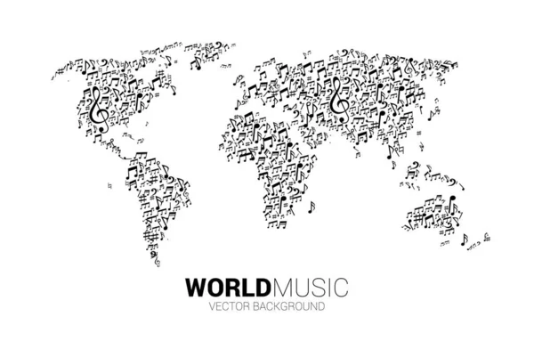 Vector wereldkaart van muziek melodie noot dansen stroom. Concept achtergrond voor wereldlied en concertthema. — Stockvector
