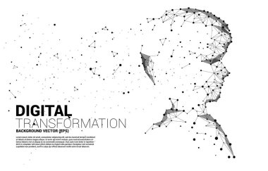 Nokta-bağlantı çizgisi çokgeninden insan kafasının vektör silueti. İnsanlığın geleceğini ve teknolojisini kavra