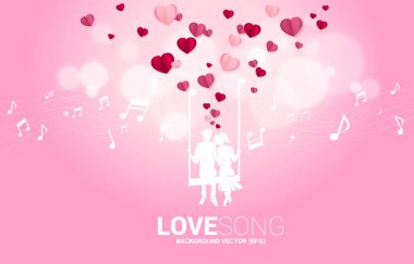 Birlikte oturan aşık çift müzik notasından salıncakta sallanıyor. Aşk ve romantik müzik konsepti