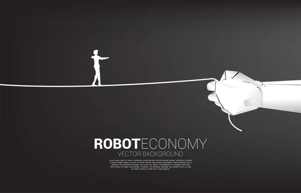 ビジネスマンがロボットハンドでロープを歩くシルエットですビジネスチャレンジとキャリアパスの概念. — ストックベクタ