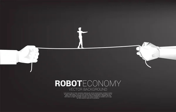 İş adamının silueti robot ve insan eli ile ipte yürüyor. İş düellosu ve kariyer yolu kavramı. — Stok Vektör
