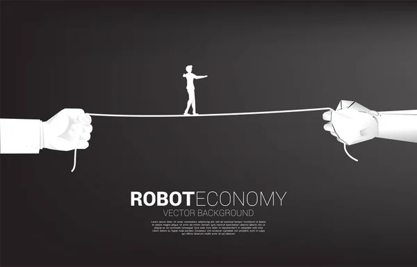 Silueta de hombre de negocios caminar cuerda en robot y mano humana. Concepto de desafío empresarial y trayectoria profesional . — Archivo Imágenes Vectoriales