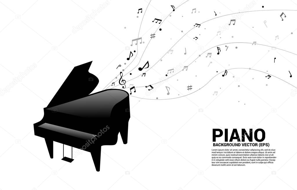 Vector grand piano with music melody note dancing flow. Concept background for song and concert theme.