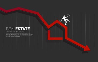 Ev ikonundan düşen iş adamının silueti. Emlak sektöründe ve emlak fiyatlarında düşüş kavramı
