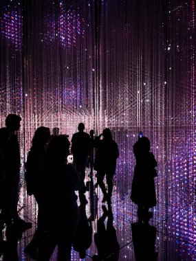 Işık sergisindeki siluet kalabalığı