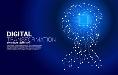 Nokta bağlantı hattı devre kartı biçiminden işlemciye insan kafası vektör silueti. İnsanlığın geleceğini ve teknolojisini kavra
