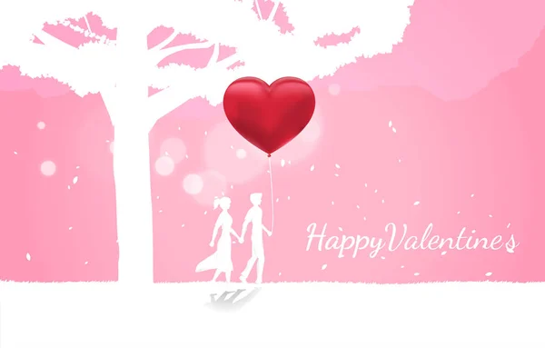 Εραστή ζευγάρι κρατώντας το χέρι περπάτημα με μπαλόνι καρδιά κάτω από μεγάλο δέντρο. Ημέρα του Αγίου Βαλεντίνου και θέμα αγάπης και επετείου. — Διανυσματικό Αρχείο