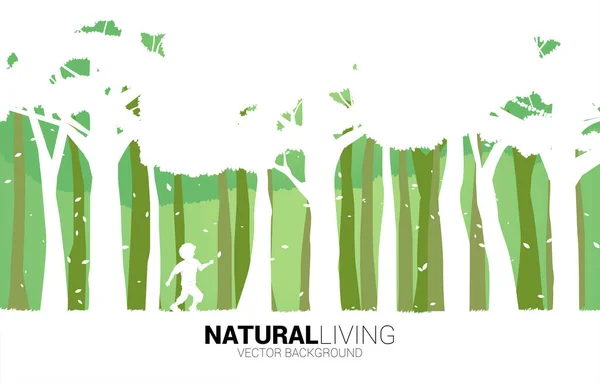 Silueta de niño corriendo en el parque forestal. Concepto de niños juegan y aprenden en lo natural . — Vector de stock