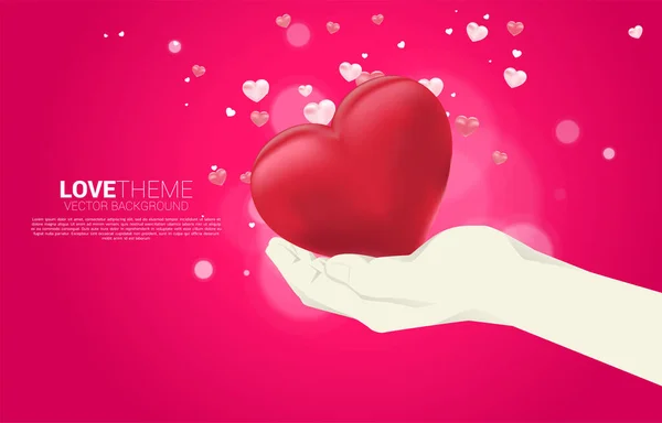 Coração balão 3D voando a partir do conceito de fundo da mão. Dia dos namorados e banner tema do amor e cartaz —  Vetores de Stock