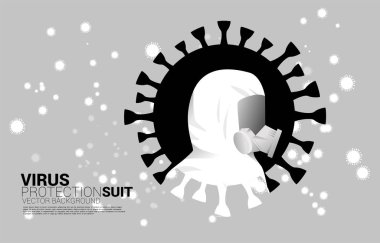 White Hazmat suit with full mask and virus particle background. Concept for biochemical hazard and virus protection situation