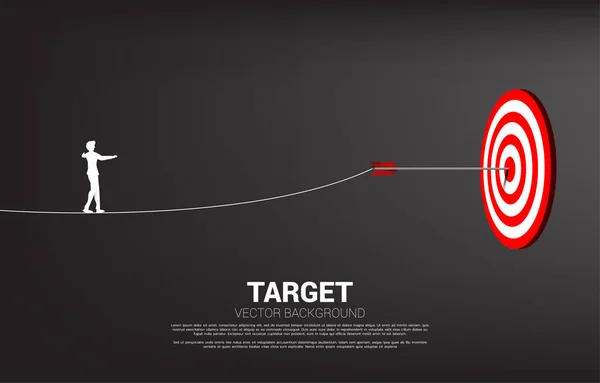 Silhouette of businesswoman walk rope to arrow archery hit on the center of target. Concept of targeting and Business challenge. — 스톡 벡터