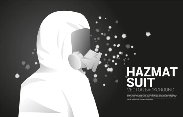 Baju Hazmat Putih dengan topeng penuh dan latar belakang partikel virus. Konsep untuk bahaya biokimia dan situasi perlindungan virus - Stok Vektor