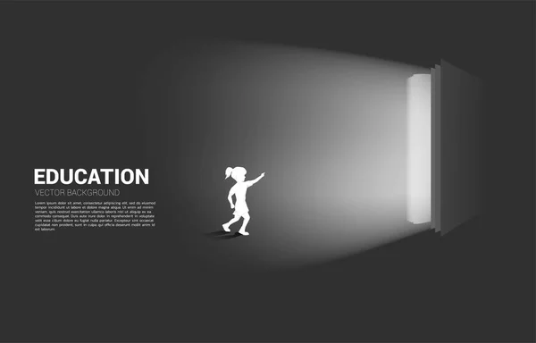 Silhouette of running girl point to light from open book. Concept of education solution. world of knowledge. — Stock Vector