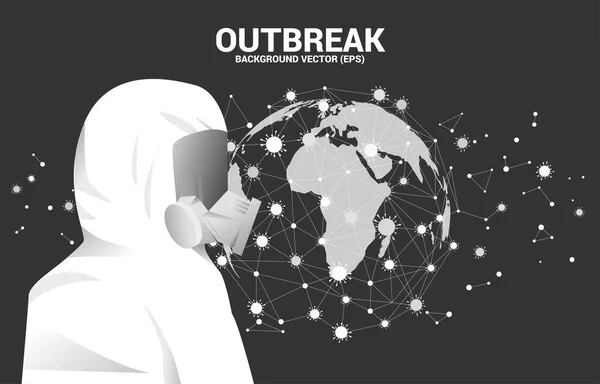 White Hazmat Suit Full Mask Virus Particle World Globe Background — Stock Vector