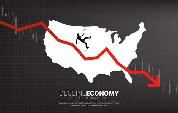 Silhueta Homem Negócios Escorregar Cair Gráfico Recessão Com Eua Mapa — Vetor de Stock