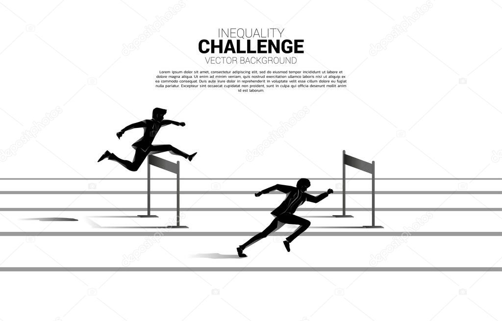 Silhouette one of businessman standing with hurdles obstacle . Concept of career obstacles and inequality