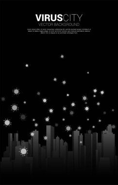 Covid 19 virüs şeklinde ve Corona virüsü geçmişine sahip Panorama şehri. Kentsel salgın ve salgın için kavram.