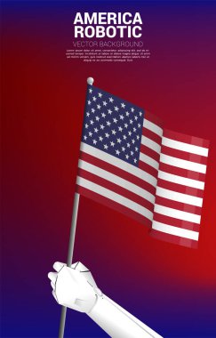Amerika Birleşik Devletleri bayraklarıyla robot eli. Yapay zekanın konsept doğumu. Amerika 'da öğrenme makinesi çağı..