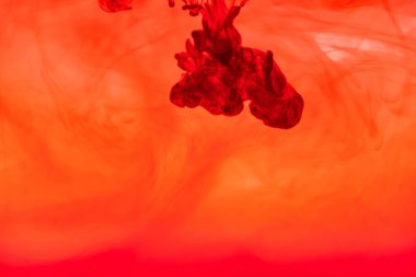 Kırmızı renkli mürekkep sıvısını kapat ve soyut arkaplan dumanı tüttür. Suda akan renk damlası.