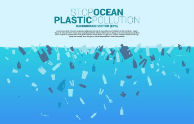 Plastik paket ve ürün ikonuyla deniz. Okyanus plastik kirliliği için arka plan. Kendinize iyi bakın ve çevreyi koruyun. Plastiğe hayır de.